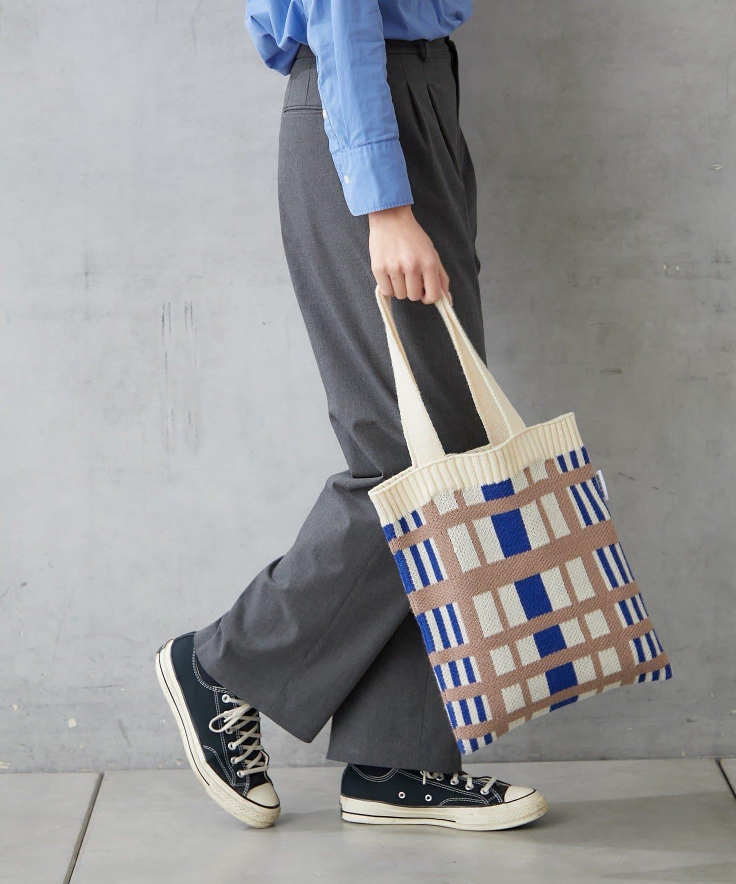 針織格紋寬版手提包