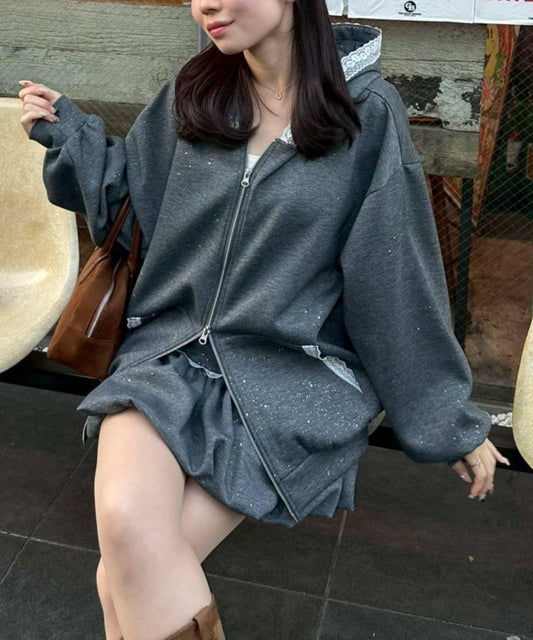 【2026春夏】蕾絲拼接拉鍊連帽衛衣