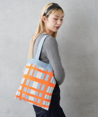 針織格紋寬版手提包