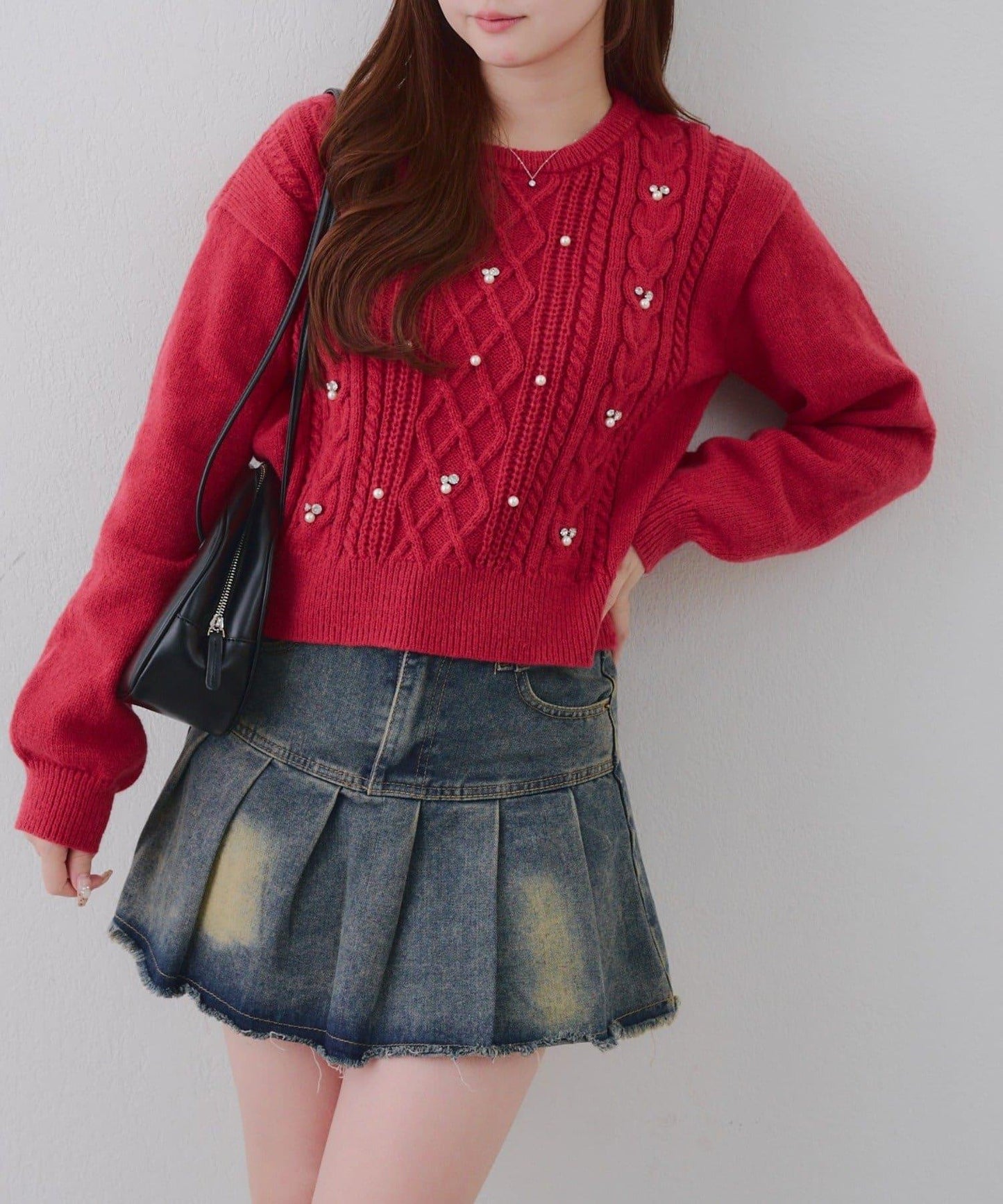 珍珠裝飾麻花針織套頭衫