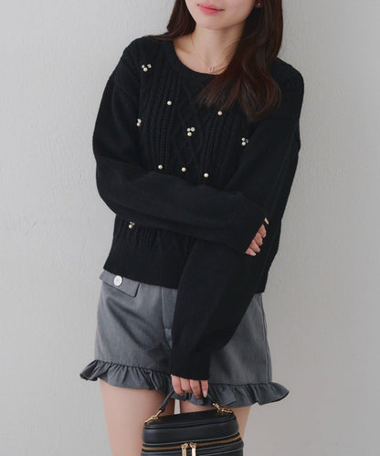 珍珠裝飾麻花針織套頭衫