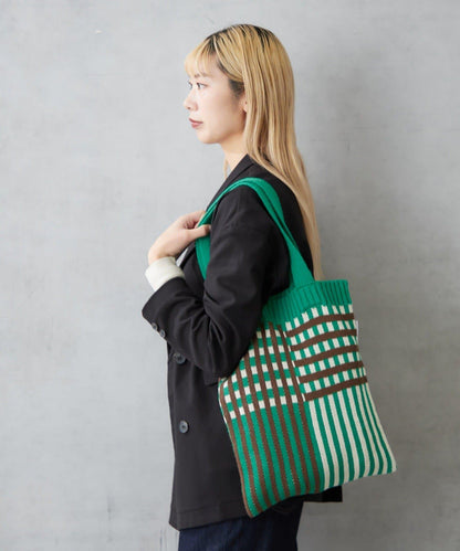 針織格紋寬版手提包