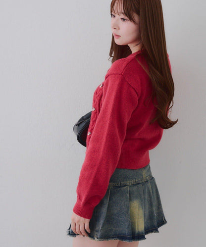 珍珠裝飾麻花針織套頭衫