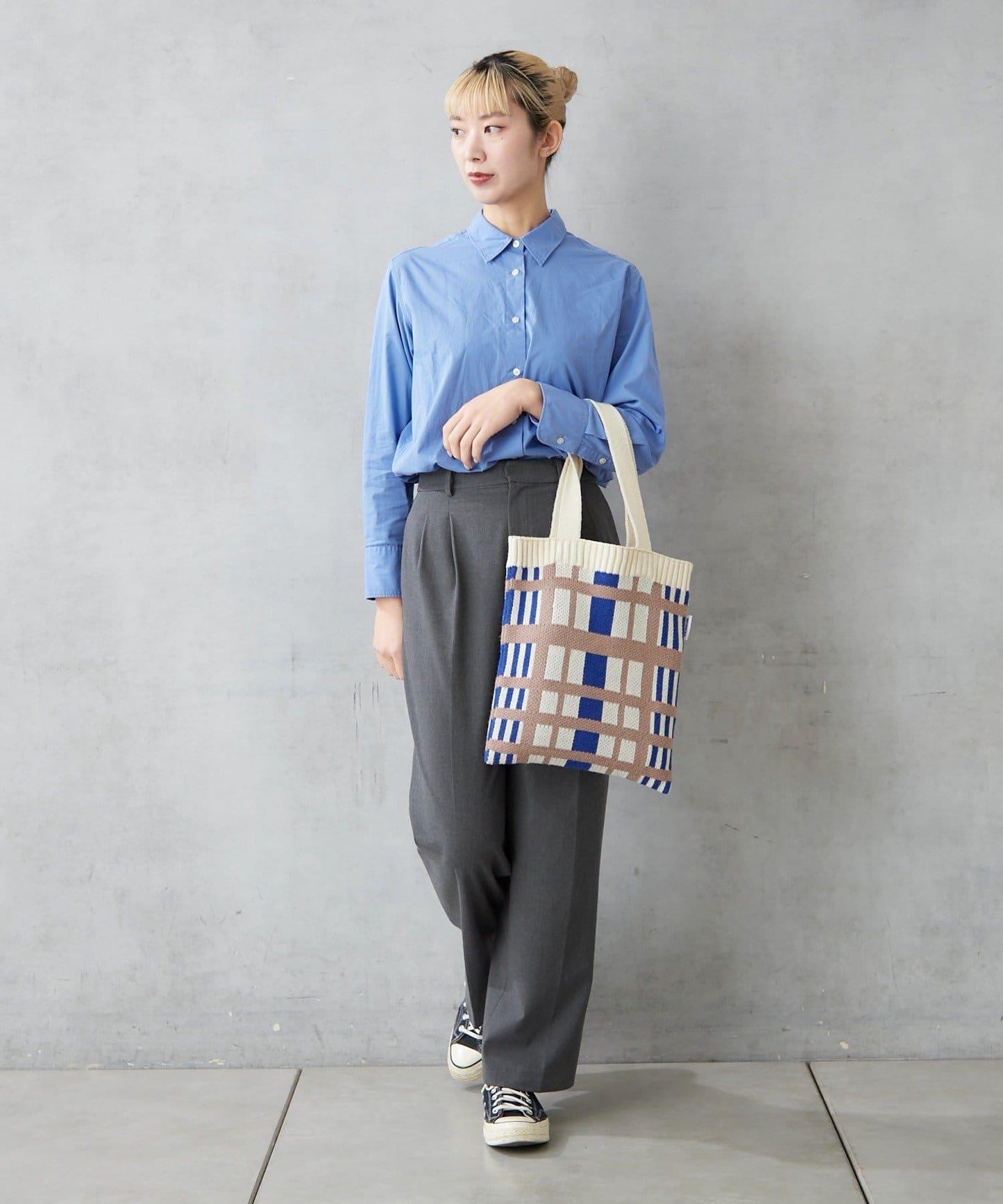 針織格紋寬版手提包