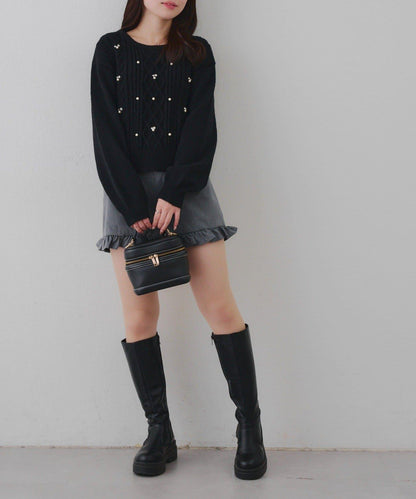 珍珠裝飾麻花針織套頭衫