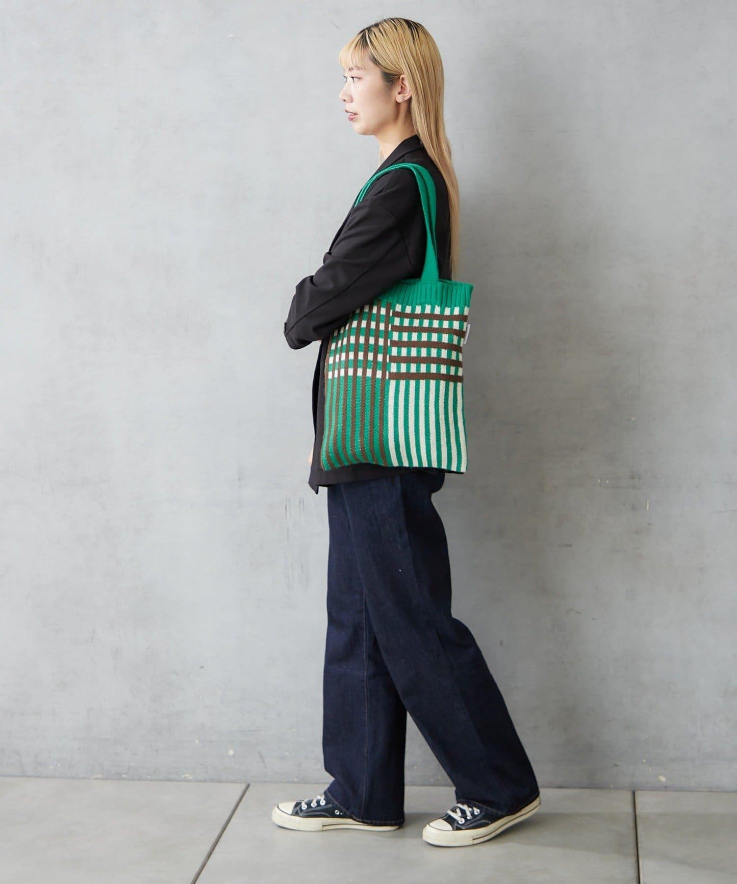 針織格紋寬版手提包