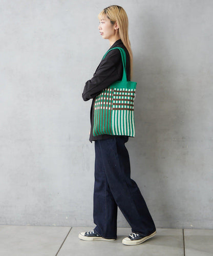 針織格紋寬版手提包