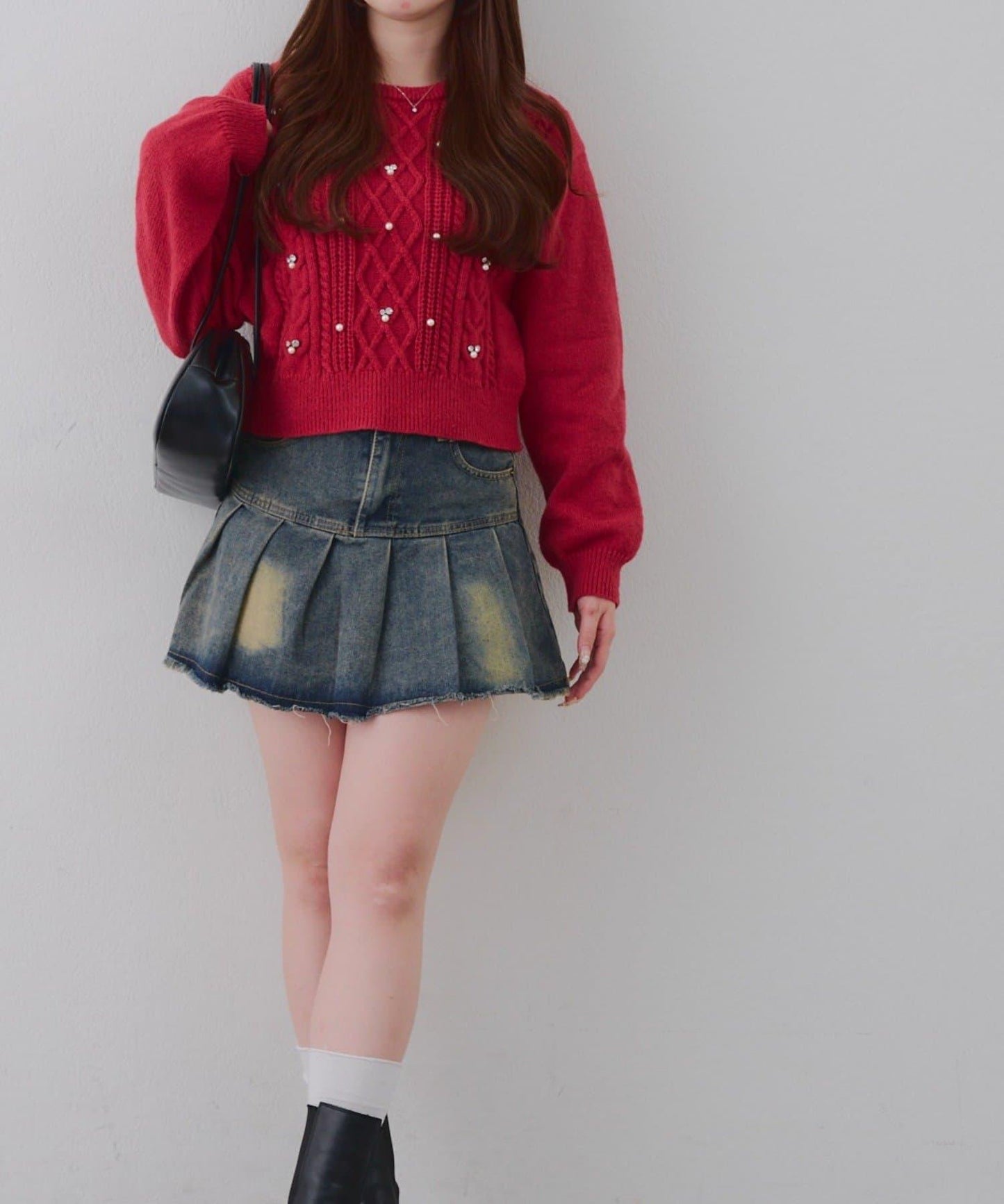 珍珠裝飾麻花針織套頭衫