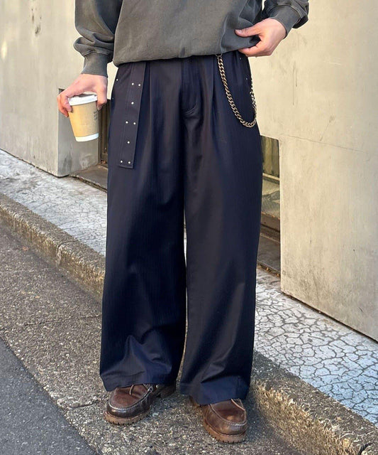 配腰帶細條紋裝飾寬鬆西裝褲