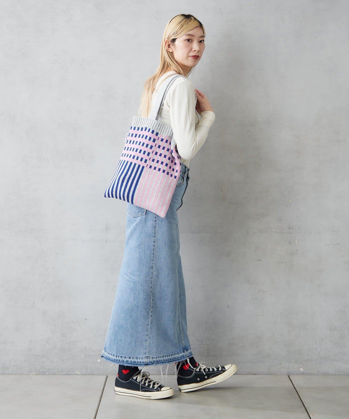 針織格紋寬版手提包