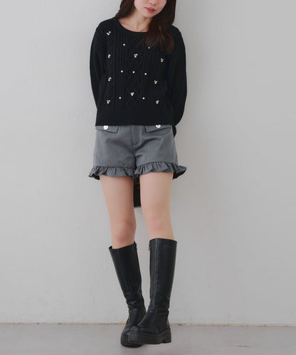 珍珠裝飾麻花針織套頭衫