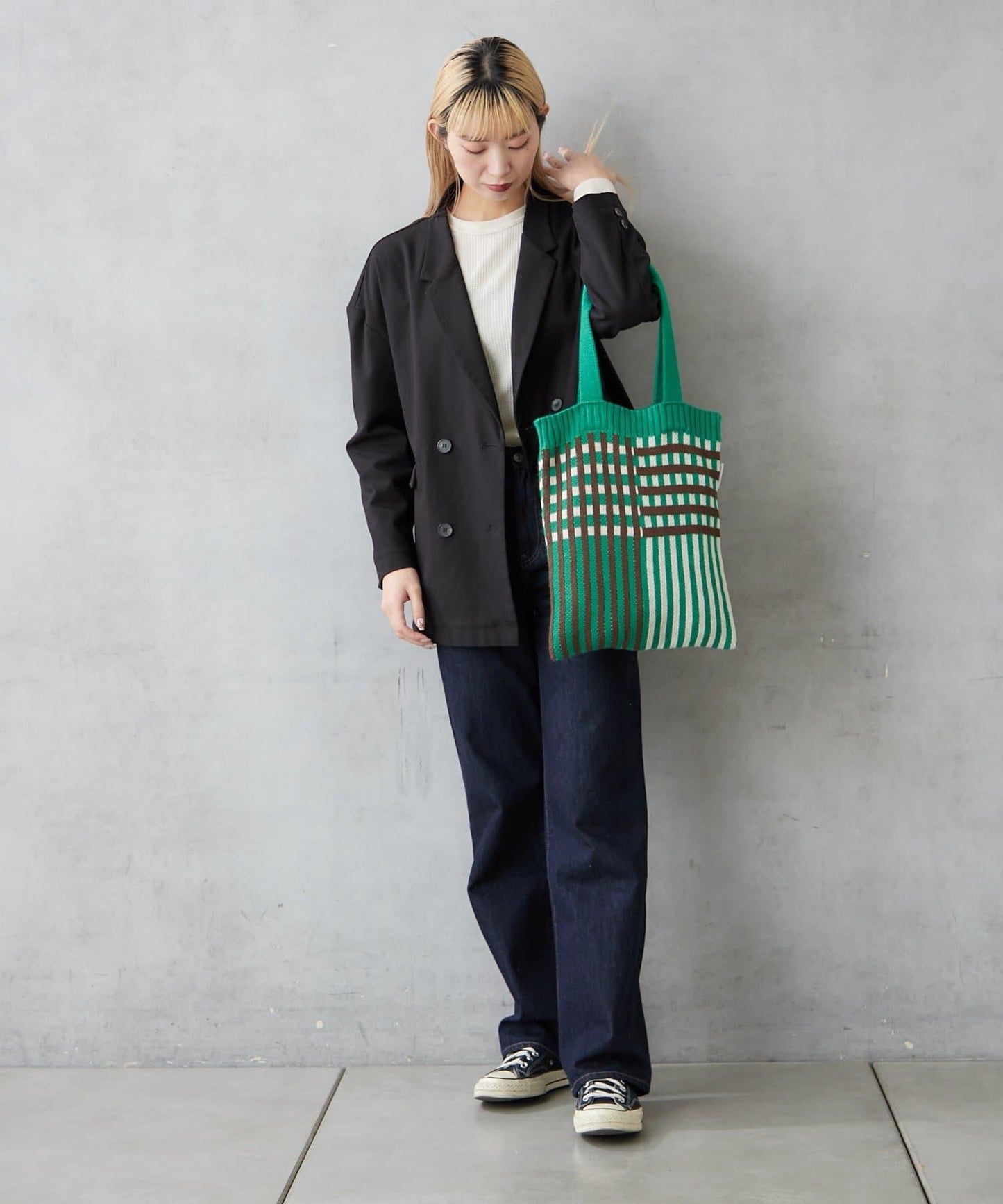 針織格紋寬版手提包