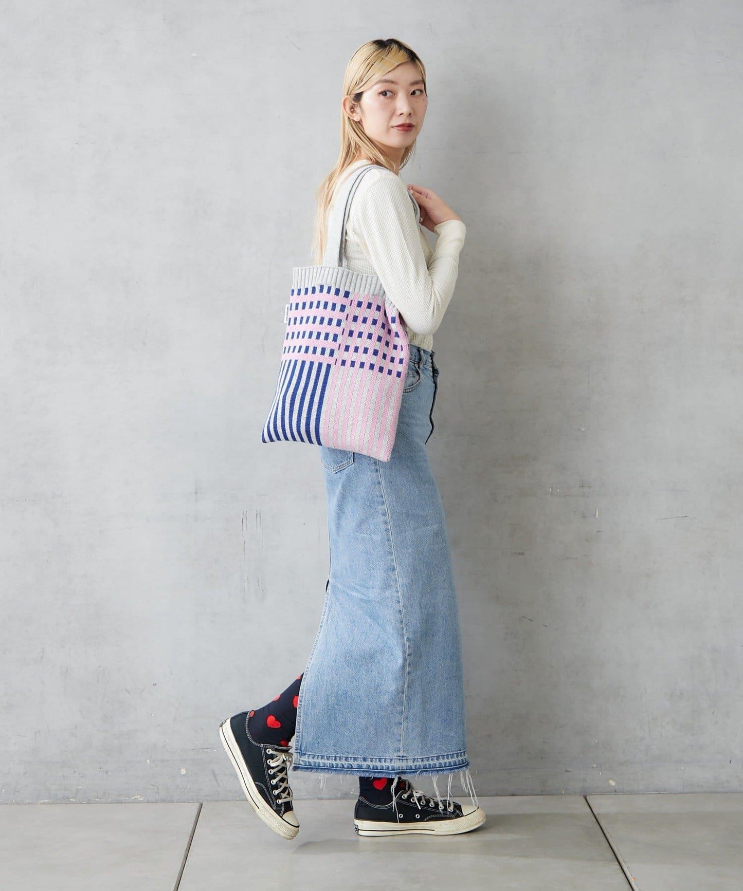 針織格紋寬版手提包