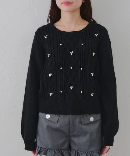 珍珠裝飾麻花針織套頭衫