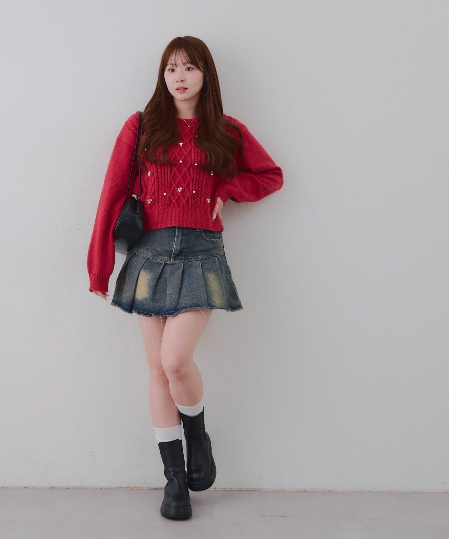 珍珠裝飾麻花針織套頭衫