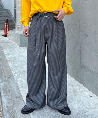 配腰帶細條紋裝飾寬鬆西裝褲