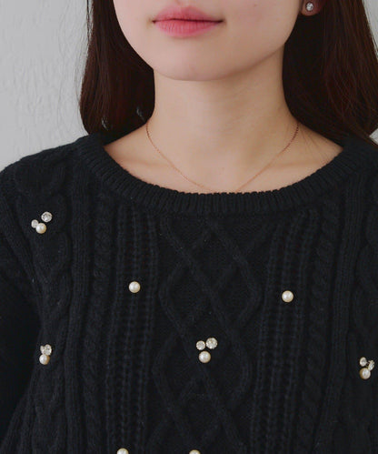 珍珠裝飾麻花針織套頭衫