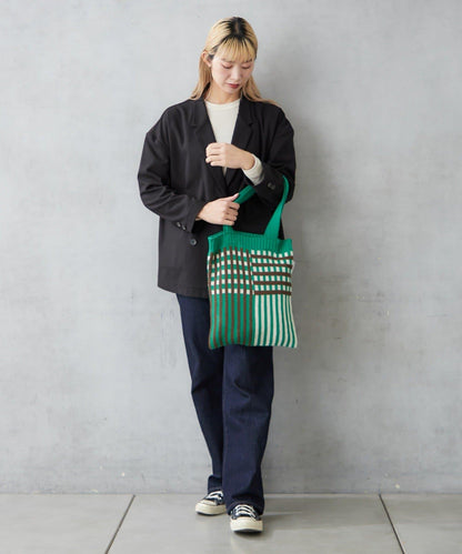 針織格紋寬版手提包