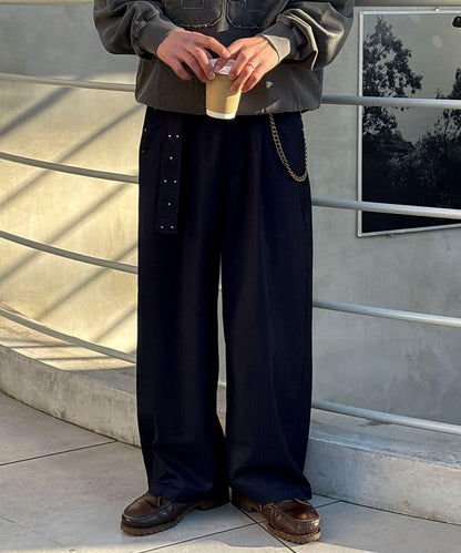 配腰帶細條紋裝飾寬鬆西裝褲