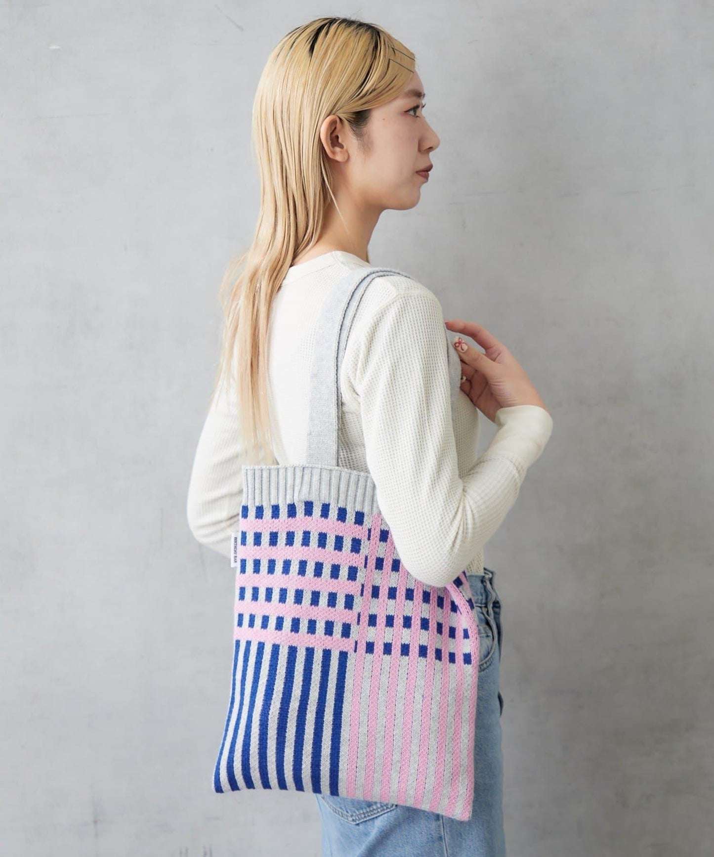 針織格紋寬版手提包