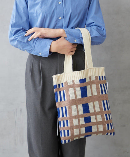 針織格紋寬版手提包