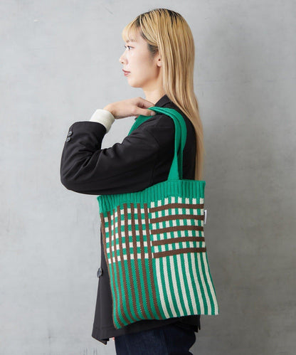 針織格紋寬版手提包