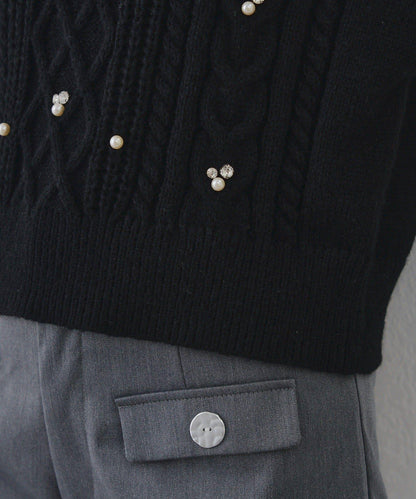 珍珠裝飾麻花針織套頭衫