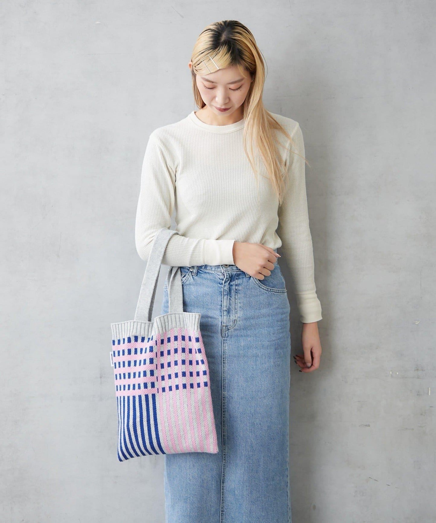 針織格紋寬版手提包