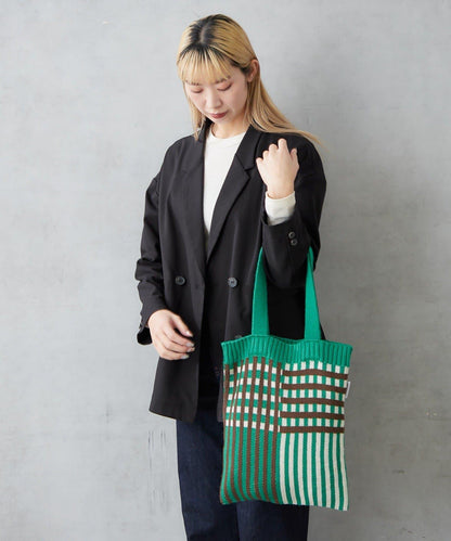 針織格紋寬版手提包