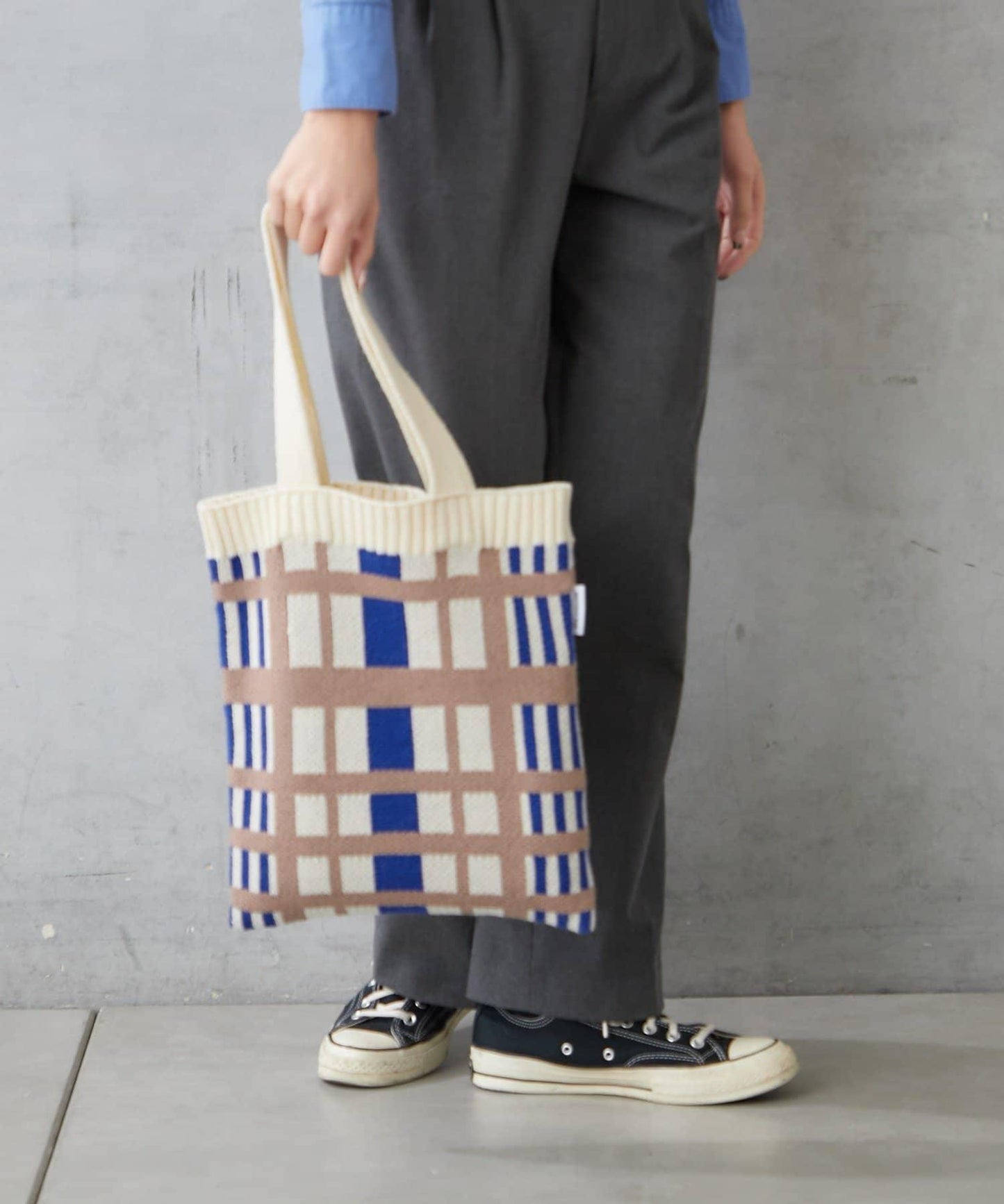 針織格紋寬版手提包