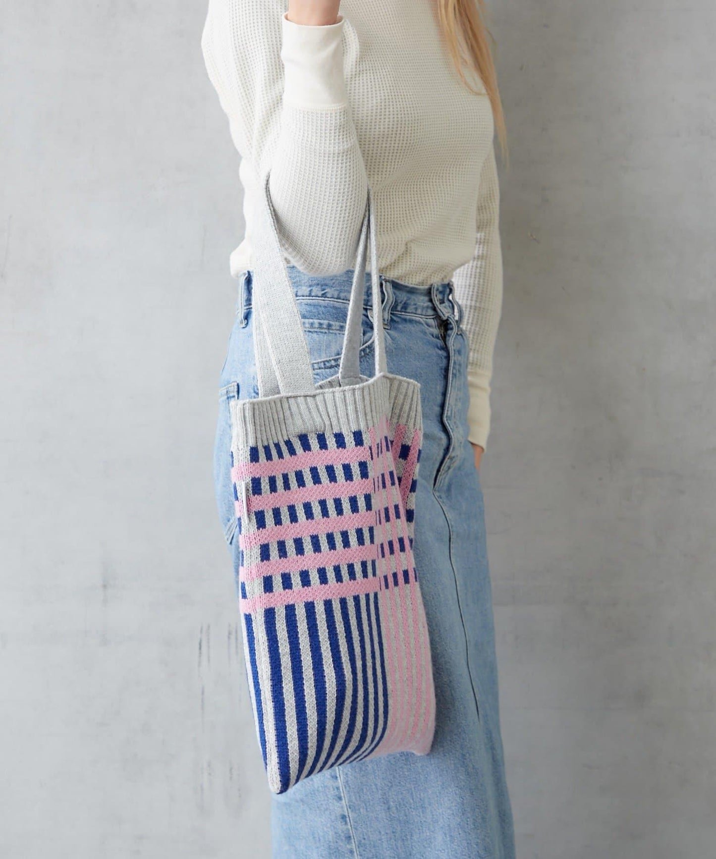 針織格紋寬版手提包