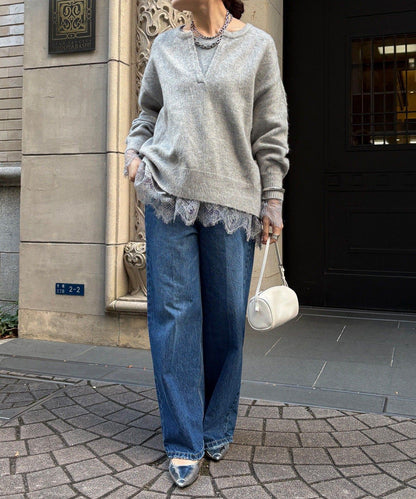 蕾絲拼接下襬長袖T恤