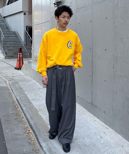 配腰帶細條紋裝飾寬鬆西裝褲