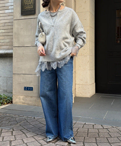 蕾絲拼接下襬長袖T恤