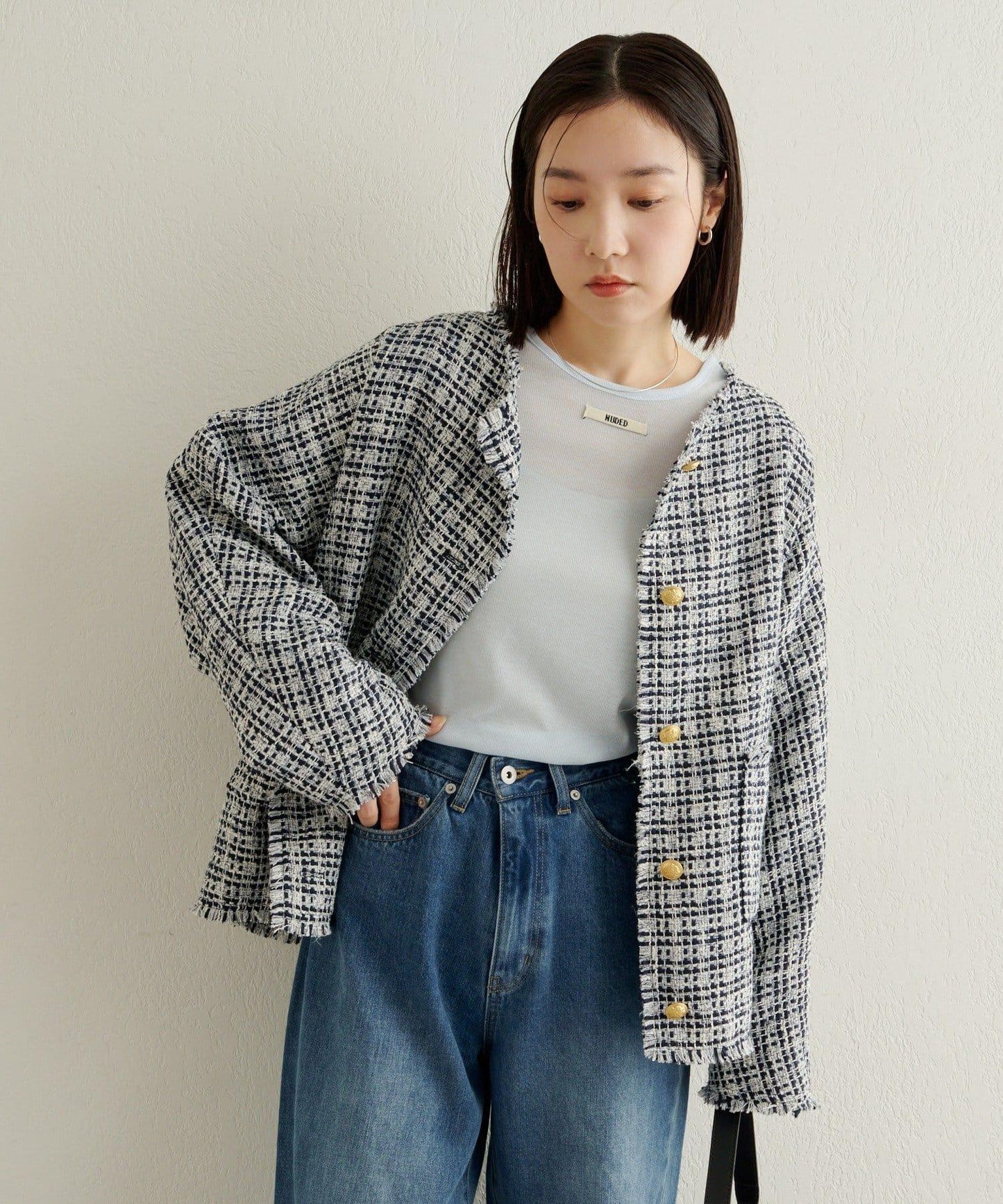 無領粗花呢夾克