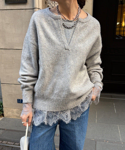 蕾絲拼接下襬長袖T恤