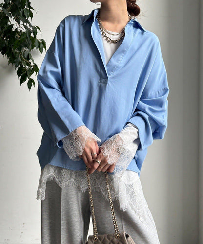 蕾絲拼接下襬長袖T恤