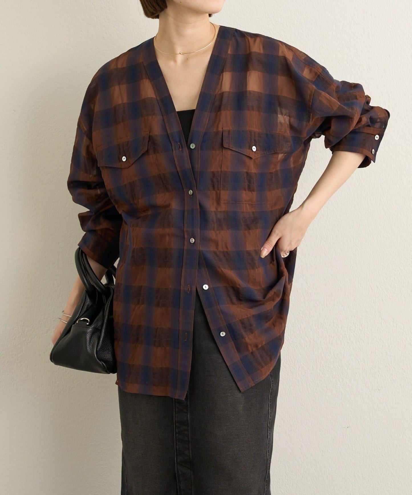 透視格紋無領襯衫