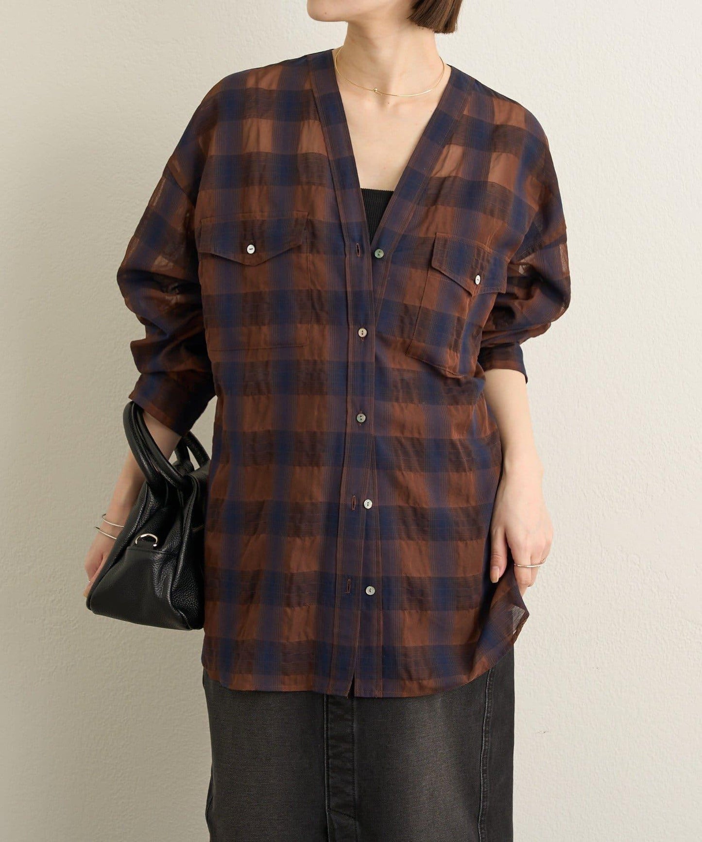 透視格紋無領襯衫