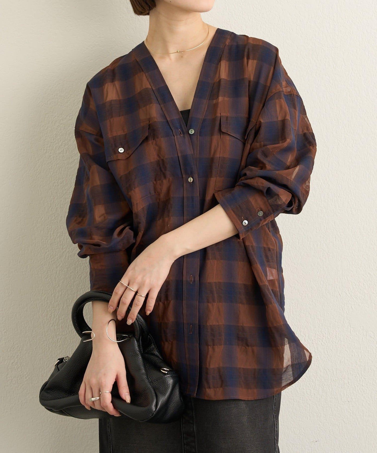 透視格紋無領襯衫