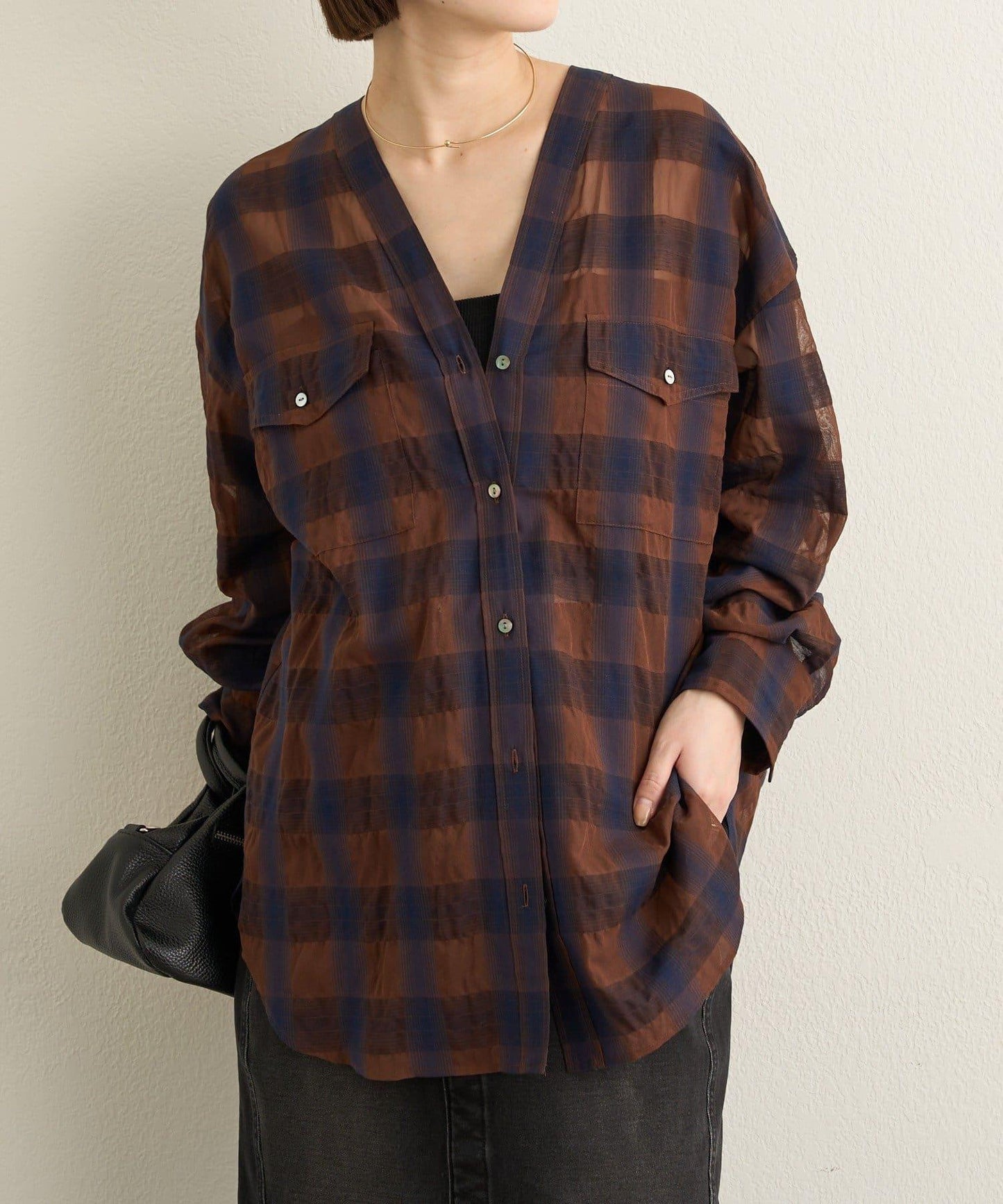 透視格紋無領襯衫