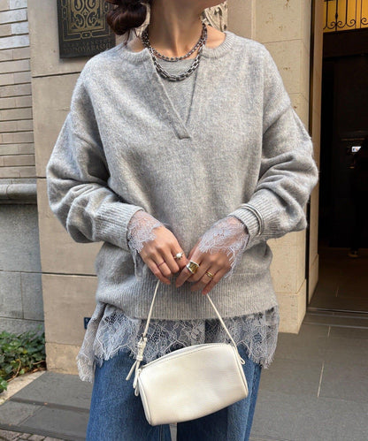 蕾絲拼接下襬長袖T恤