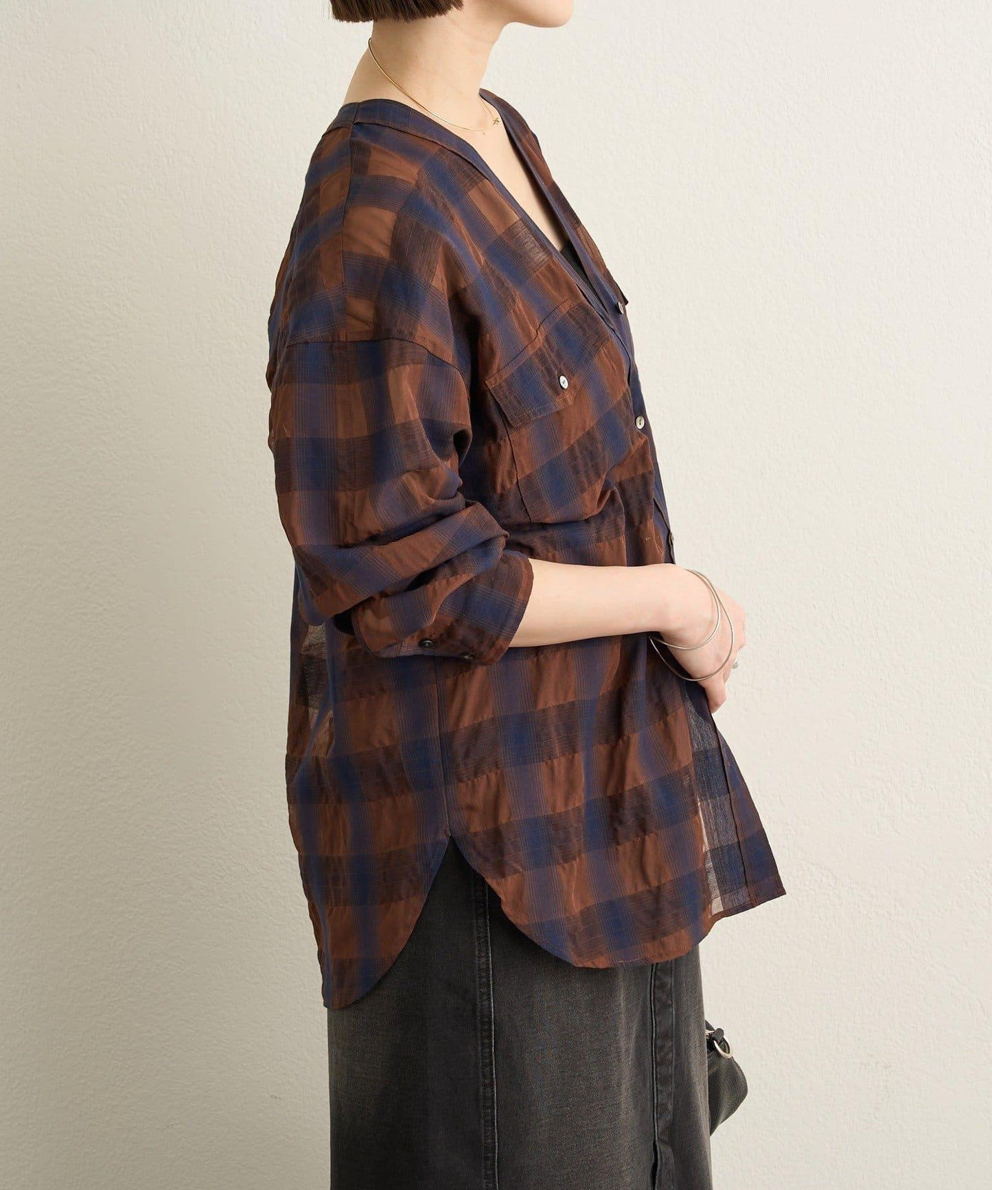 透視格紋無領襯衫