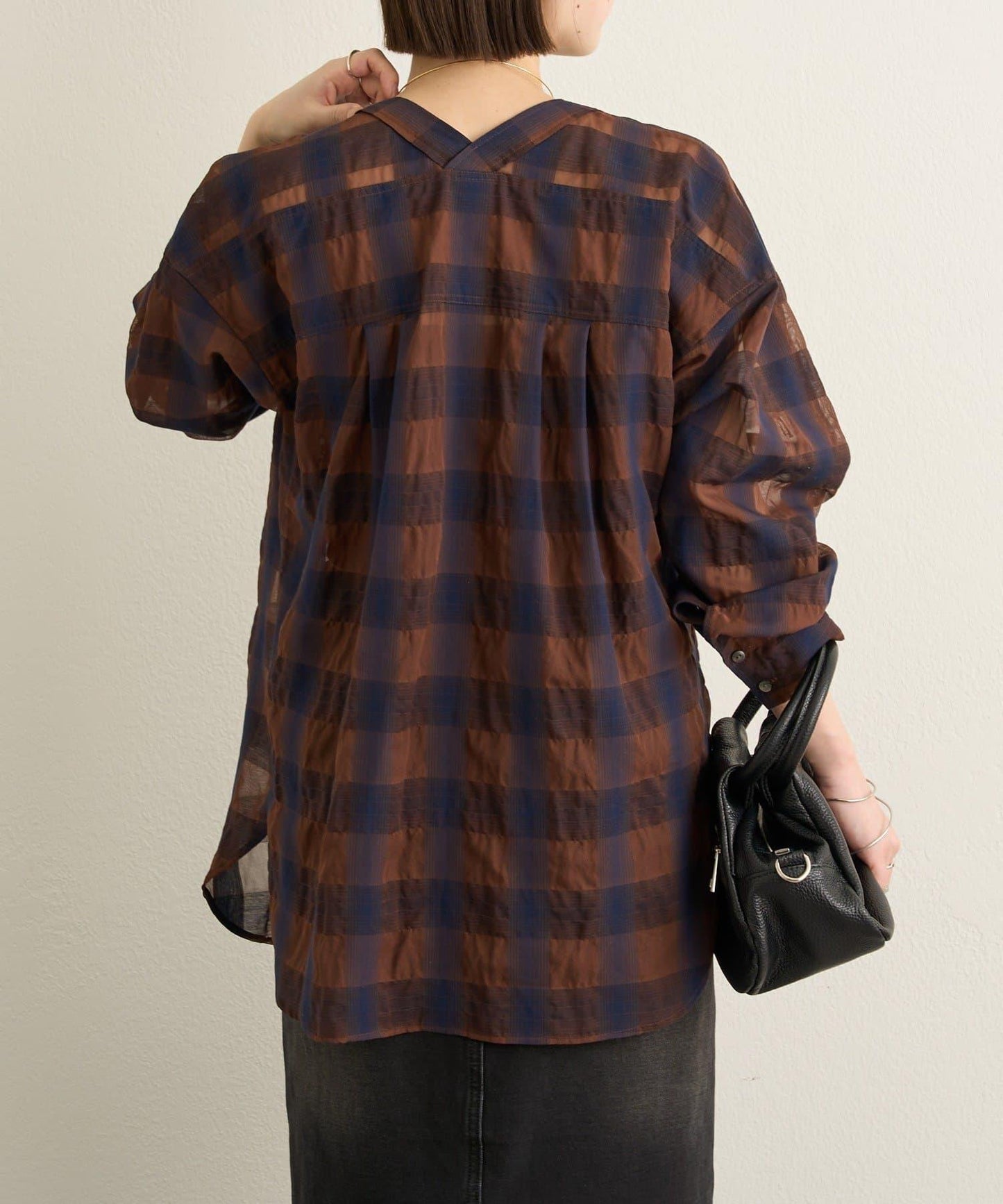 透視格紋無領襯衫