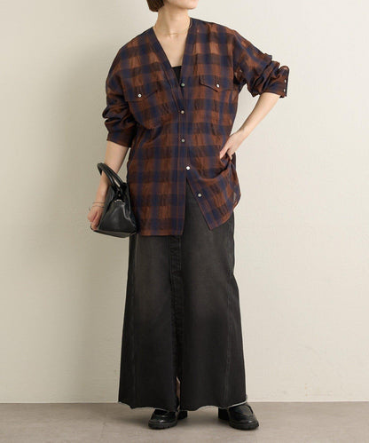 透視格紋無領襯衫