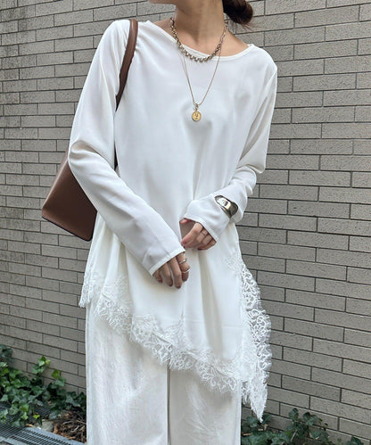 喬其紗不對稱蕾絲拼接襯衫