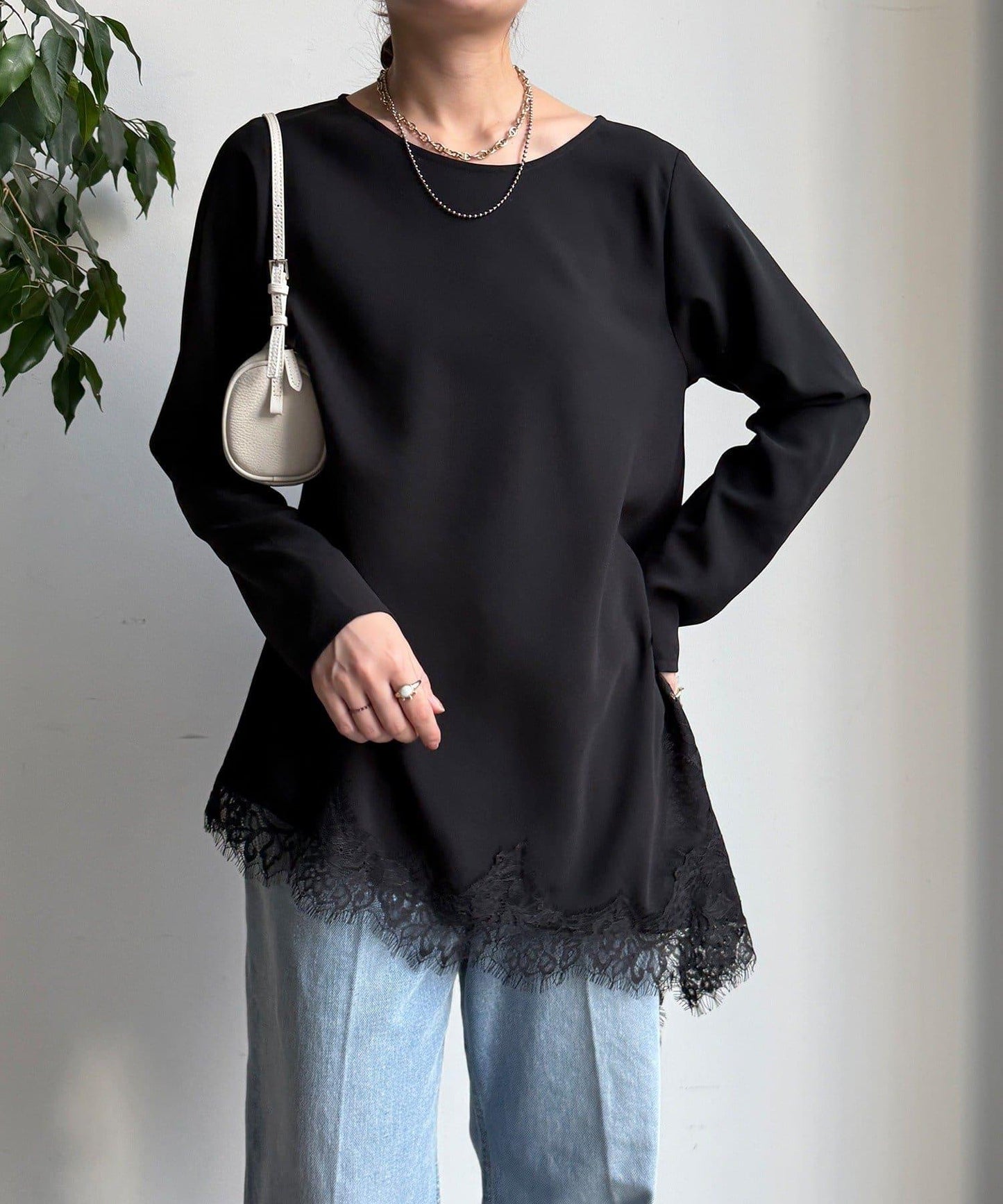 喬其紗不對稱蕾絲拼接襯衫