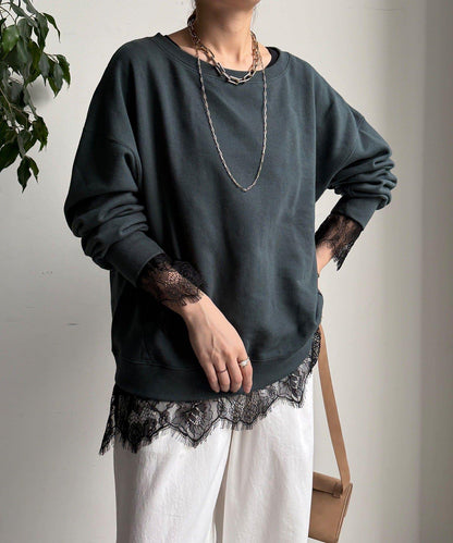 蕾絲拼接下襬長袖T恤
