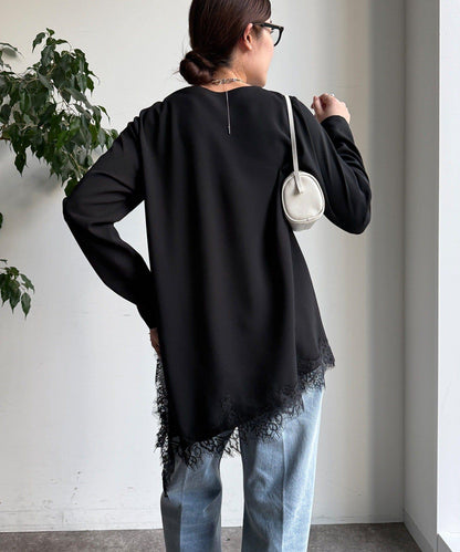 喬其紗不對稱蕾絲拼接襯衫