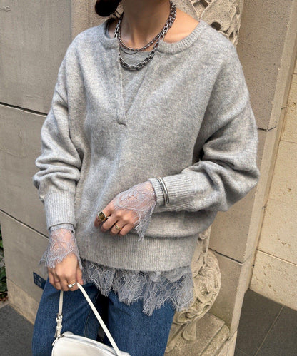 蕾絲拼接下襬長袖T恤